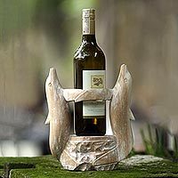 Wood bottle holder, 'Dolphin's Waltz' - Hand Made Wooden Dolphin Bottle Holder from Indonesia