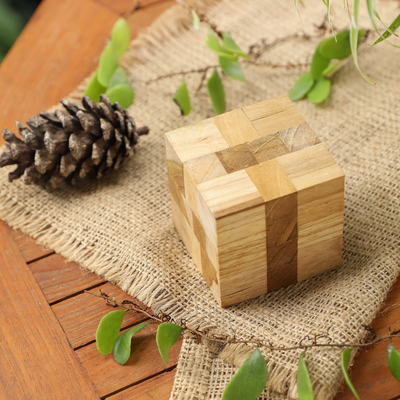 Teak wood puzzle, 'Cube Quiz' - Reclaimed Teak Wood Puzzle Cube from Bali