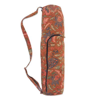 Cotton yoga mat bag, 'Tiga Negeri' - Batik Flowers on Cotton Yoga Mat Bag Artisan Crafted