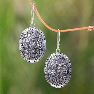 Sterling silver dangle earrings, 'Fern Connections' - Handcrafted Sterling Silver Oval Dangle Earrings from Bali