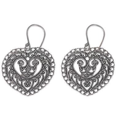 Sterling silver dangle earrings, 'Fern Forest Heart' - Handcrafted Balinese Heart Earrings in Sterling Silver Lace