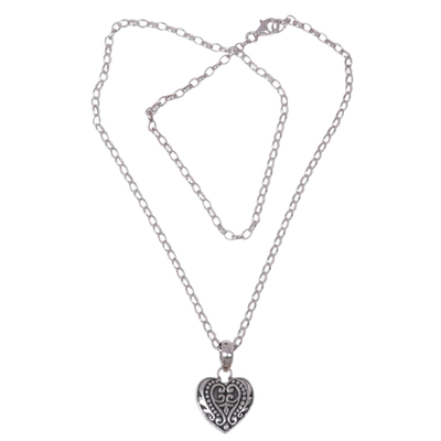Sterling silver pendant necklace, 'Sweetheart Romance' - Indonesian Style Handcrafted Sterling Silver Heart Necklace