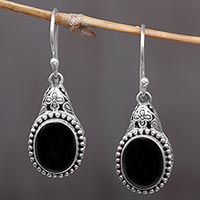 Onyx dangle earrings, 'Deepest Night' - Sterling Silver Onyx Dangle Earrings from Indonesia