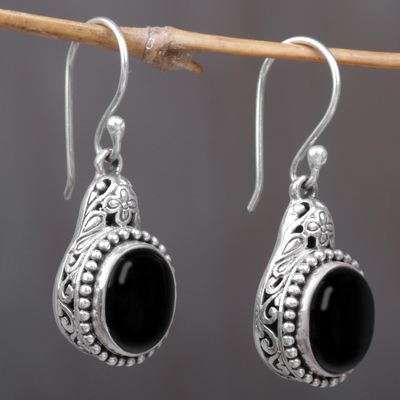 Onyx dangle earrings, 'Deepest Night' - Sterling Silver Onyx Dangle Earrings from Indonesia