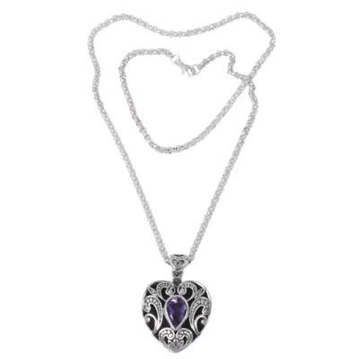 Amethyst pendant necklace, 'Heart of Lavender' - Amethyst Handcrafted Sterling Silver Heart Necklace