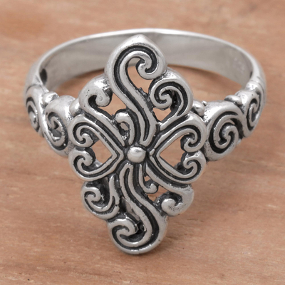 Sterling silver cocktail ring, 'Flower and Heart' - Hand Crafted Indonesian Sterling Silver Ring with Hearts