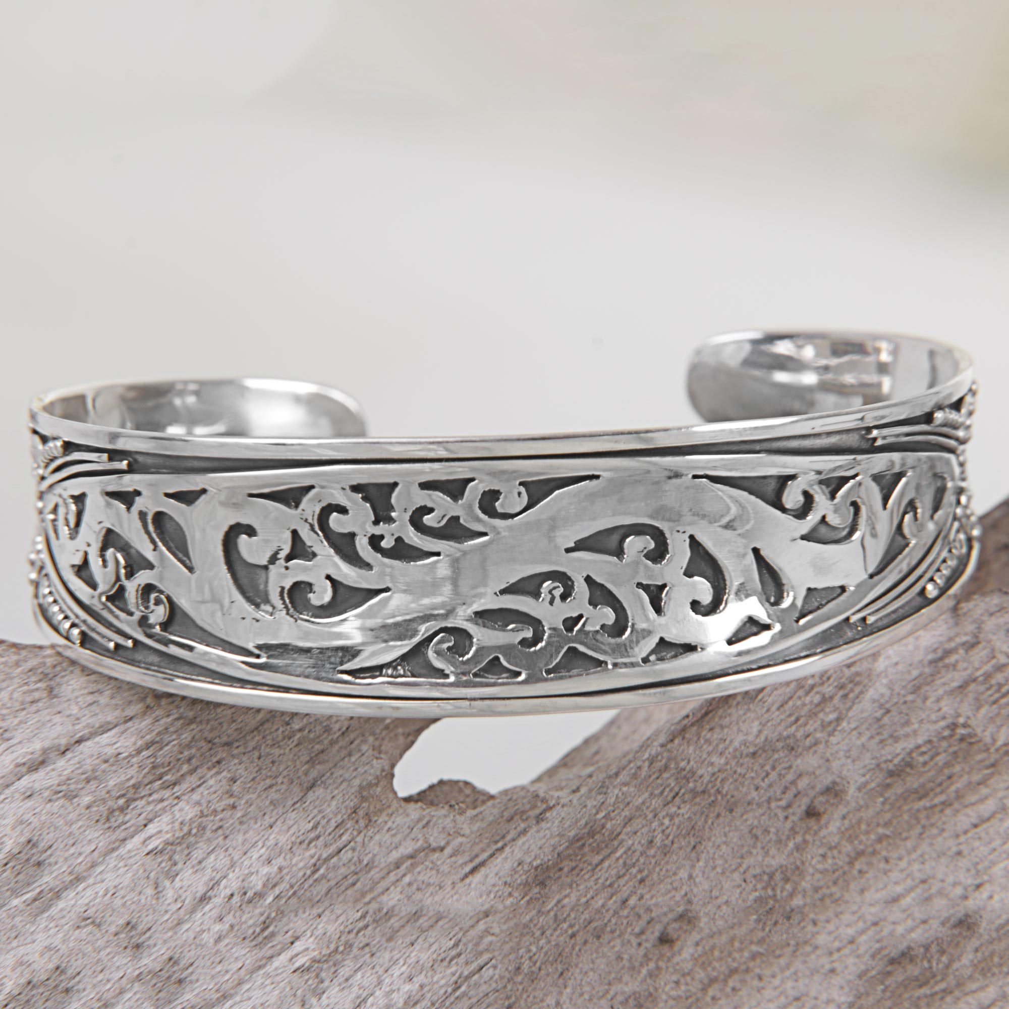 Vine Motif Sterling Silver Cuff Bracelet from Indonesia Nature's