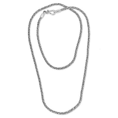 Sterling silver chain necklace, 'Precious Rope' - Handcrafted Sterling Silver Balinese Long Chain Necklace