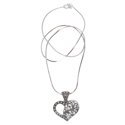 Sterling silver pendant necklace, 'Two Hearts are One' - Balinese Sterling Silver Romantic Heart Necklace