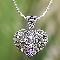 Amethyst pendant necklace, 'Tears from the Heart' - Balinese Amethyst Heart Necklace in Sterling Silver