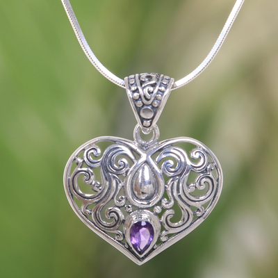 Amethyst pendant necklace, 'Tears from the Heart' - Balinese Amethyst Heart Necklace in Sterling Silver