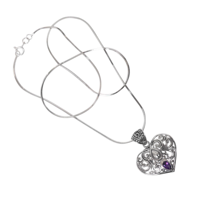 Amethyst-Anhänger-Halskette, „Tränen aus dem Herzen“. - Balinesische Amethyst-Herzkette aus Sterlingsilber