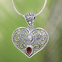 Garnet pendant necklace, 'Tears from the Heart' - Balinese Fair Trade Garnet Heart Necklace