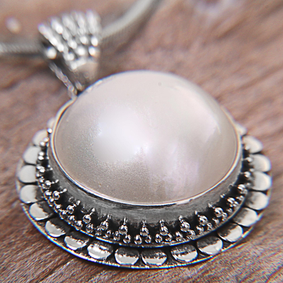Cultured mabe pearl pendant necklace, 'Full Moon's Glow' - Cultured Mabe Pearl Sterling Silver Pendant Necklace