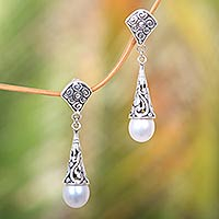 Cultured pearl dangle earrings, 'Lotus Bud Promise' - Balinese Cultured Pearl Earrings Crafted of Sterling Silver