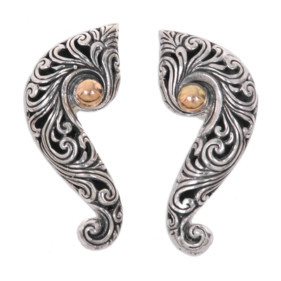 Gold accented sterling silver drop earrings, 'Magnificent Waves' - Sterling Silver Drop Earrings with Wave and Floral Motif