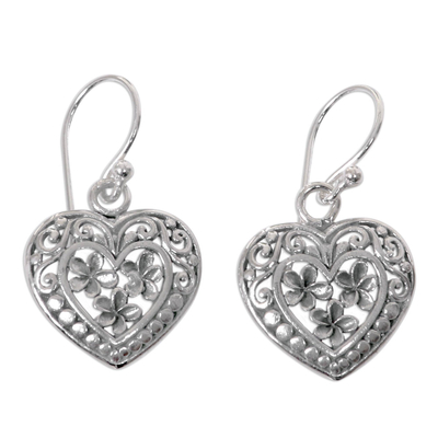 Pendientes corazón de plata de primera ley - Aretes de corazón floral hechos a mano en plata esterlina