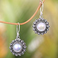 Cultured pearl dangle earrings, 'Strong Sun' - Hand-Crafted Cultured Pearl and Silver Earrings Sun Shaped