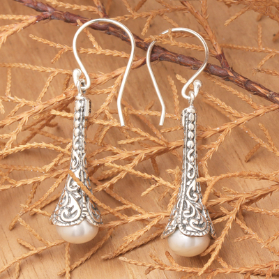 Cultured pearl dangle earrings, 'White Honeysuckle' - Silver 925 Elongated Balinese Earrings with Cultured Pearl