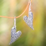 Sterling silver dangle earrings, 'Dove Wings' - Heart-Shaped Sterling Silver Dangle Earrings from Bali
