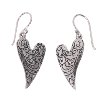 Sterling silver dangle earrings, 'Dove Wings' - Heart-Shaped Sterling Silver Dangle Earrings from Bali