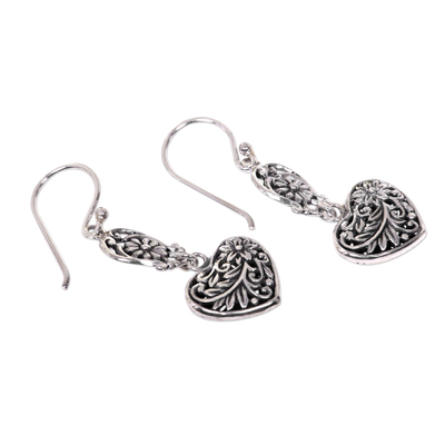 Sterling silver dangle earrings, 'Blooming Hearts' - Heart-Shaped Sterling Silver Dangle Earrings from Bali