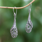 Sterling silver dangle earrings, 'Floating Peacock Feathers' - Hand Made Sterling Silver Feather Dangle Earrings Indonesia