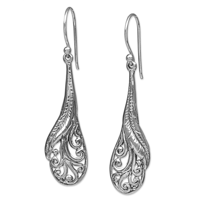 Sterling silver dangle earrings, 'Floating Peacock Feathers' - Hand Made Sterling Silver Feather Dangle Earrings Indonesia