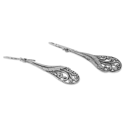 Sterling silver dangle earrings, 'Floating Peacock Feathers' - Hand Made Sterling Silver Feather Dangle Earrings Indonesia