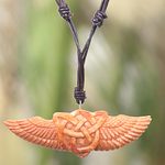 Bone pendant necklace, 'Celtic Wings' - Hand Carved Cow Bone Celtic Pendant Leather Cord Necklace