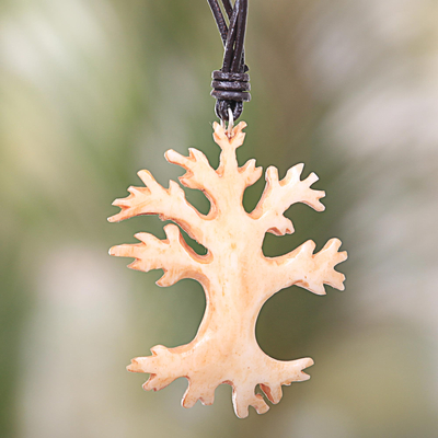 Necklace Tree of Life Bone Pendant Hand Carved on Leather Cord NOVICA Bali 