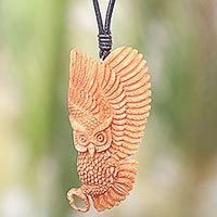 Bone pendant necklace, 'Guardian Owl'