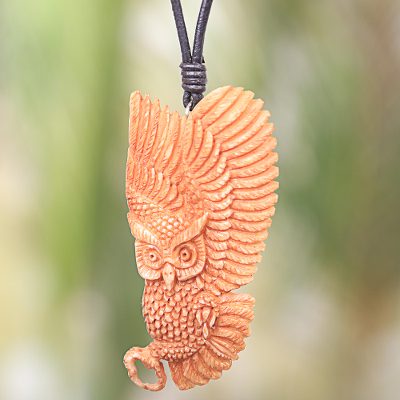 Bone pendant necklace, 'Guardian Owl' - Owl Bone Pendant Necklace with Leather Cord from Bali