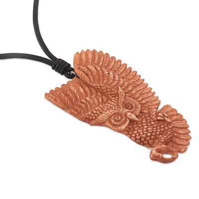 Bone pendant necklace, 'Guardian Owl' - Owl Bone Pendant Necklace with Leather Cord from Bali