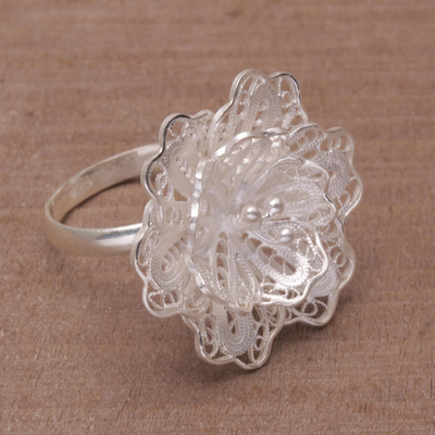 Sterling silver cocktail ring, 'Waribang Cloud' - Sterling Silver Cocktail Floral Filigree Ring from Indonesia