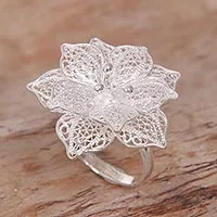 Anillo de cóctel con filigrana en plata de primera ley - Anillo de cóctel de flor de hibisco de plata de ley hecho a mano bali