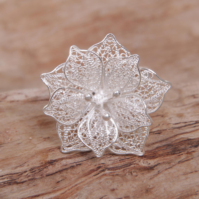 Sterling silver filigree cocktail ring, 'Sterling Tropics' - Hand Made Sterling Silver Hibiscus Flower Cocktail Ring Bali