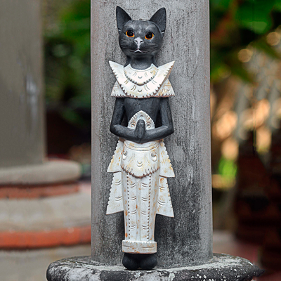 Wood wall sculpture, 'Royal Cat' - Handcarved Wood Balinese Cat Wall Hanging