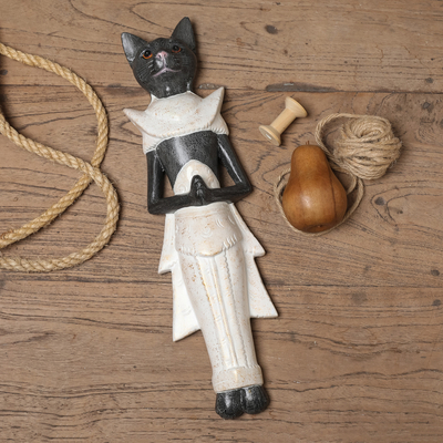 Wood wall sculpture, 'Royal Cat' - Handcarved Wood Balinese Cat Wall Hanging