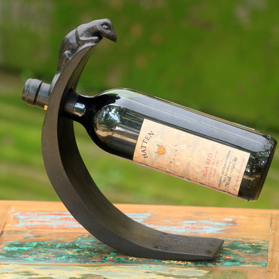 Wood bottle holder, 'Black Lizard' - Hand Crafted Wood Bottle Holder with Lizard from Indonesia