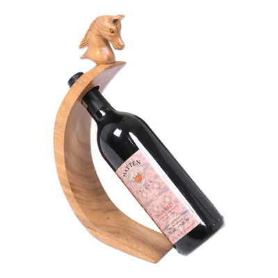 Horse Theme Carved Wood Wine Bottle Holder from Bali