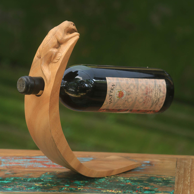 Portabotellas de vino de madera - Portabotellas de vino de madera marrón tallada a mano con tema de lagarto