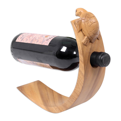 Wood wine bottle holder, 'Brown Balinese Turtle' - Balinese Sea Turtle Brown Wood Wine Bottle Holder