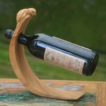 Wood wine bottle holder, 'Brown Balinese Turtle' - Balinese Sea Turtle Brown Wood Wine Bottle Holder