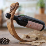 Wood wine bottle holder, 'Brown Balinese Turtle' - Balinese Sea Turtle Brown Wood Wine Bottle Holder