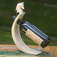Wood bottle holder, 'White Horse' - Hand-Crafted White Wood Bottle Holder with Horse Motif