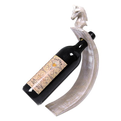 Hand-Crafted White Wood Bottle Holder with Horse Motif