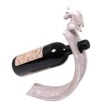 Wood bottle holder, 'White Horse' - Hand-Crafted White Wood Bottle Holder with Horse Motif