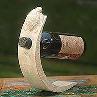 Wood Bottle Holder with White Finish and Turtle Motif,'White Turtle'