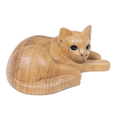 Hand Carved and Painted Yellow Tabby Cat Sculpture in Wood